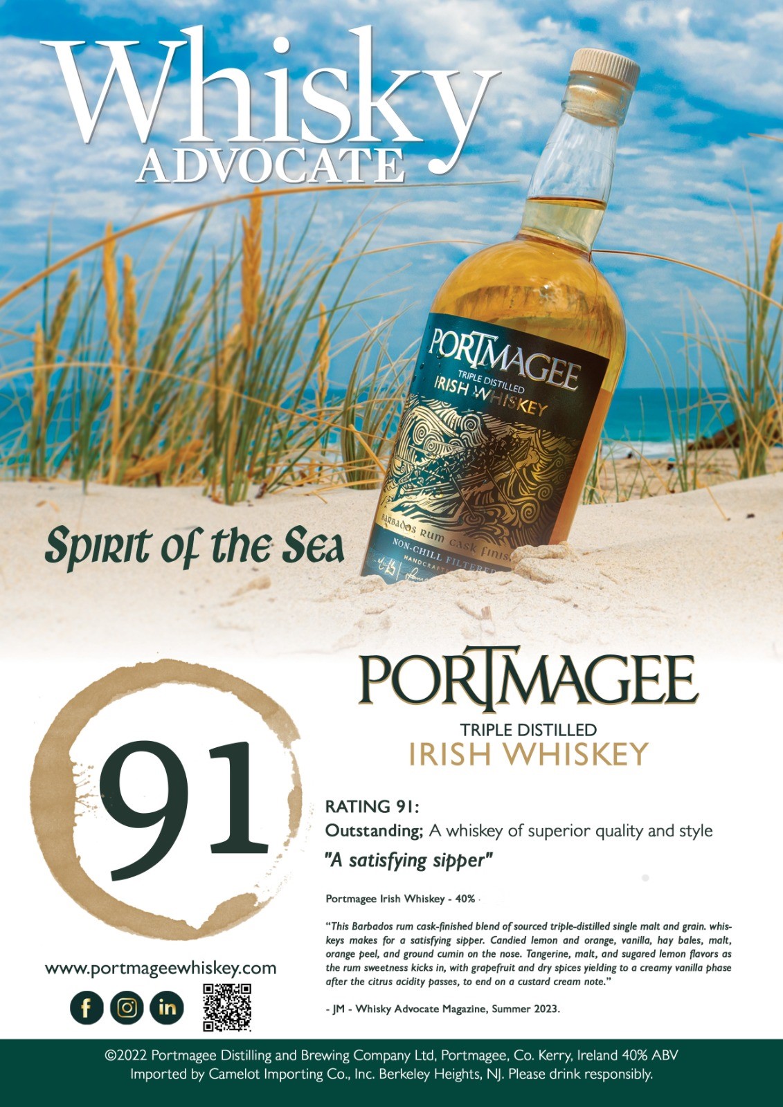 Portmagee Small Batch Irish Whiskey. An exceptional and outstanding Irish Whiskey. 91% Whisky Advocate Magazine.